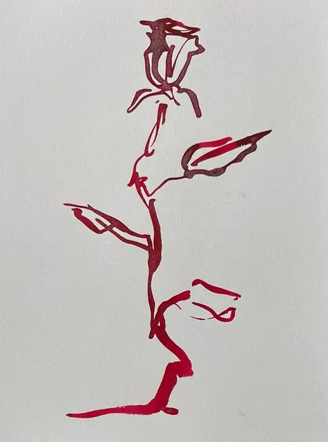 A rosebud in quick strokes of red ink