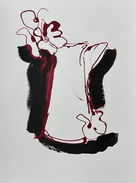 Flowers in wine-red line on a black-brushed vase