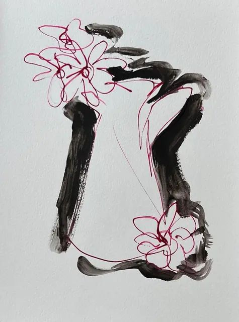 Pink line flowers around a vase in grey-black strokes