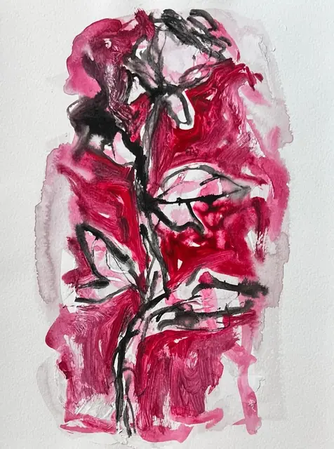 A rose lost in sweeps of crimson and black