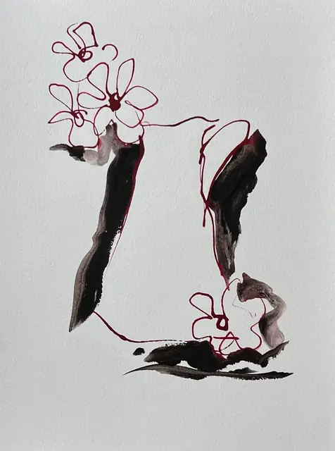 Red line blossoms over a vase in black wash
