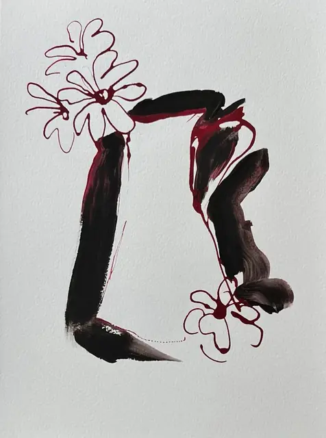 Red line daisies on a vase in black and burgundy