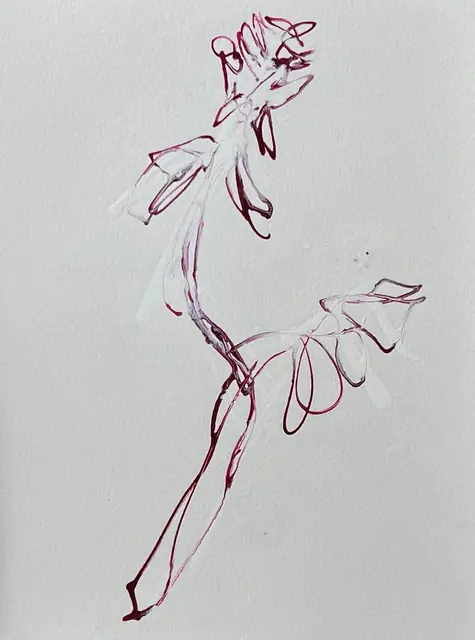 A rose on a curving stem, in fuchsia and white