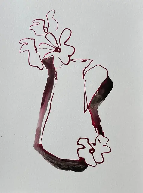 Flowers and a vase in fine burgundy line with a dark wash
