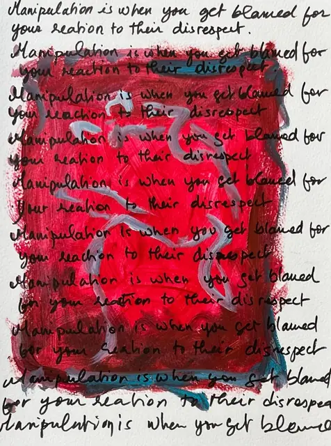 A handwritten line repeated over a field of red and blue