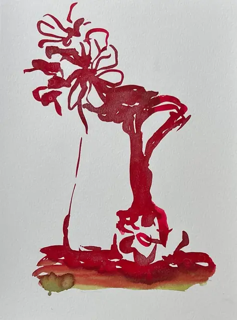 Flowers and a vase in red ink over a red, orange and green ground
