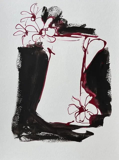 Crimson flowers inside a frame of black brushstrokes