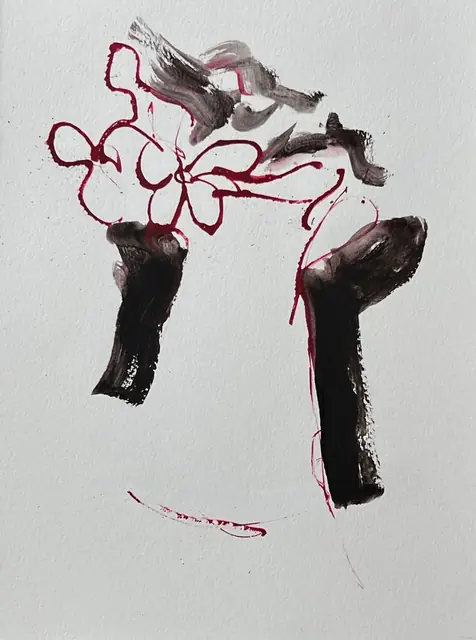 Crimson flowers between two strokes of black