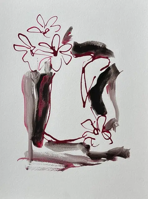 Crimson line flowers on a vase in grey and rose washes