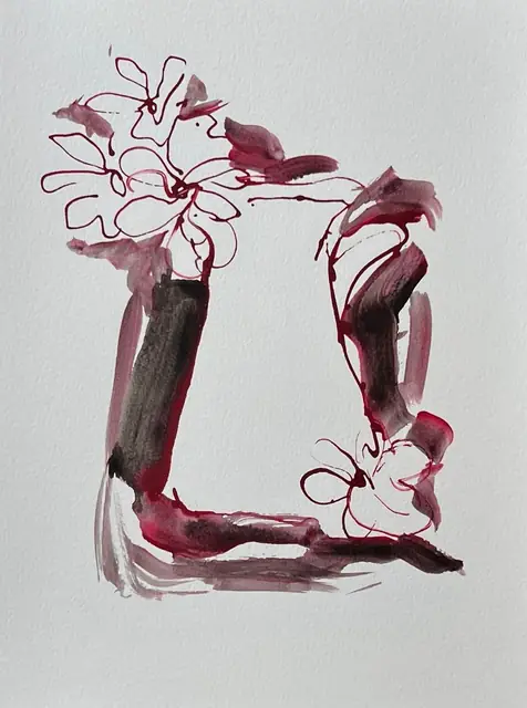 Flowers and a vase in berry-red and brown washes