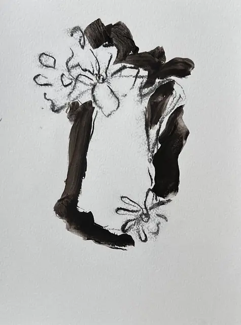 Charcoal flowers on a vase in deep brown paint