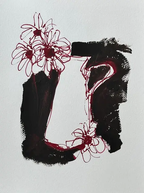 Burgundy line daisies over a vase in heavy black