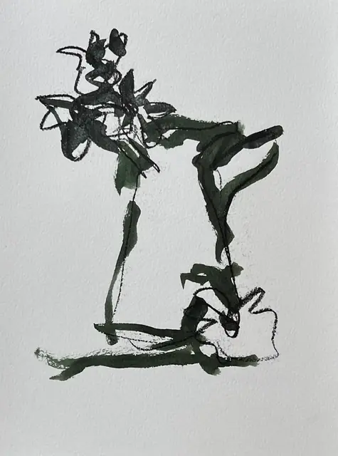 Flowers and a vase in deep green ink and charcoal