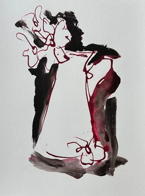 Crimson flowers on a vase in black and wine washes