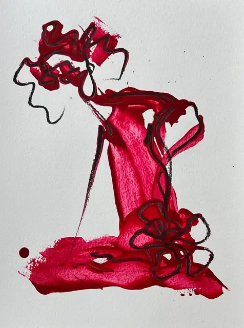 A vase in bold red paint traced in charcoal
