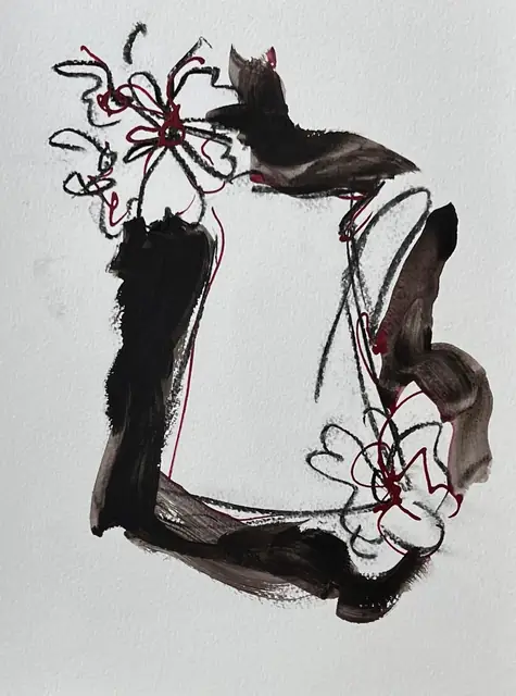 Charcoal and crimson flowers on a dark brown vase