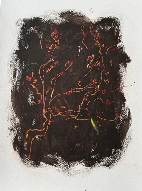 Copper branches and red blossoms on black