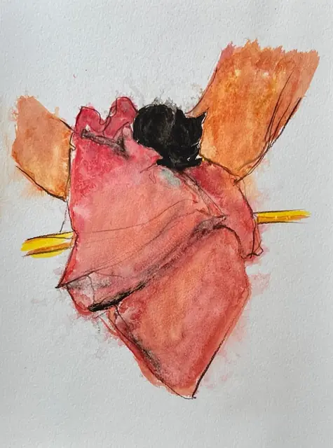 A black cat wrapped in red and orange watercolour