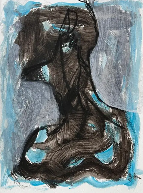 A figure with flowing hair in brown, over blue and grey