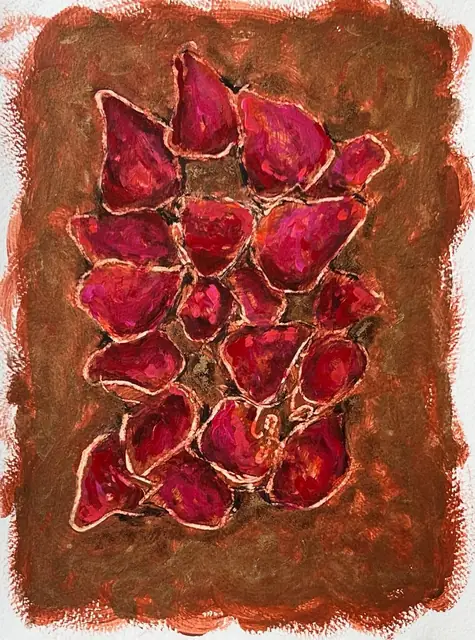Ruby petals outlined in pale pink, on copper-brown