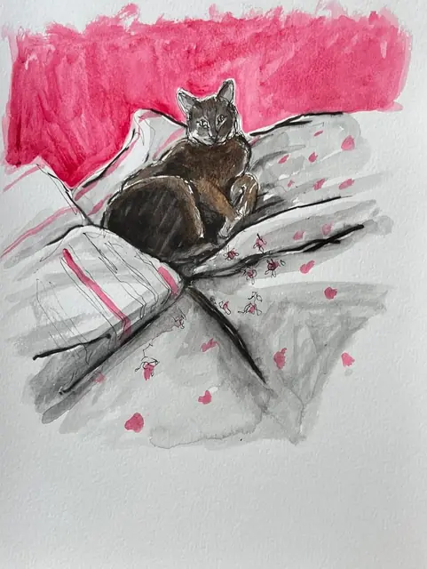 A brown cat watching from grey sheets, under a pink wall