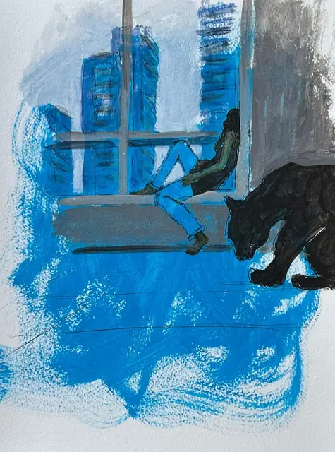 A woman at a window above city towers, with a black panther, in blue