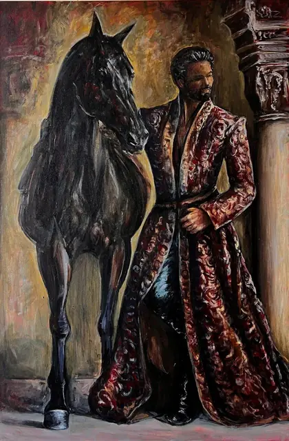 A man in an embroidered coat beside a black horse