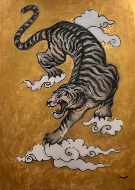 A tiger leaping down through the clouds, on gold