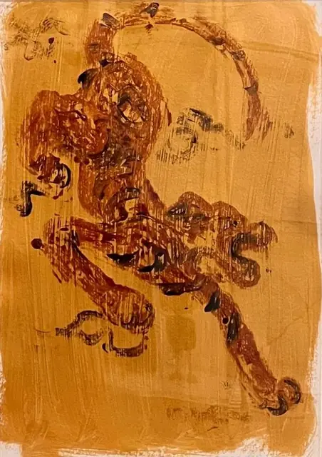 A leaping tiger in rust and black, on ochre