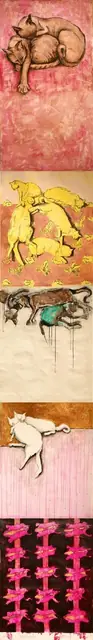 Five scenes of sleeping cats on one long scroll, from pink to black