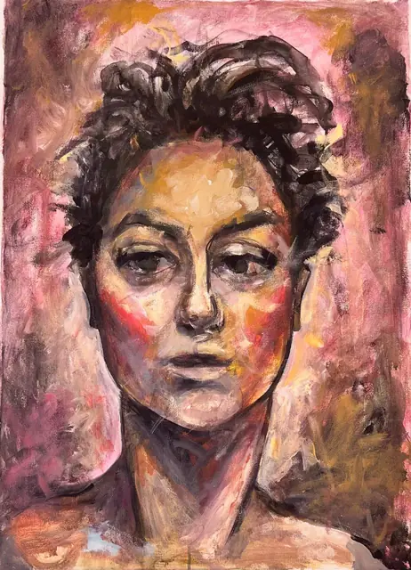 A woman with short dark curls, on pink and ochre