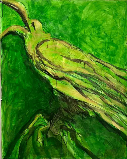 A bird in pale gold and black, on bright green