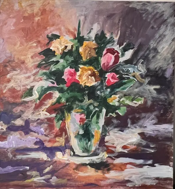 Roses in a glass vase, on violet and rust