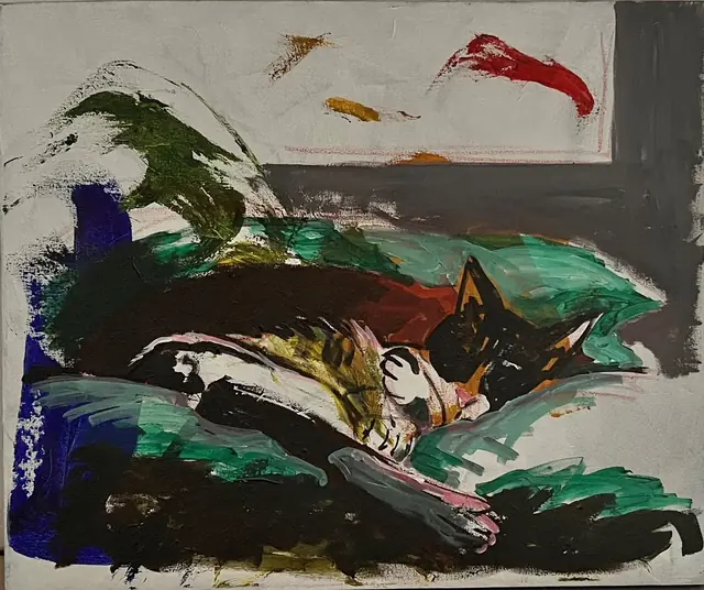 A calico cat asleep on green and black