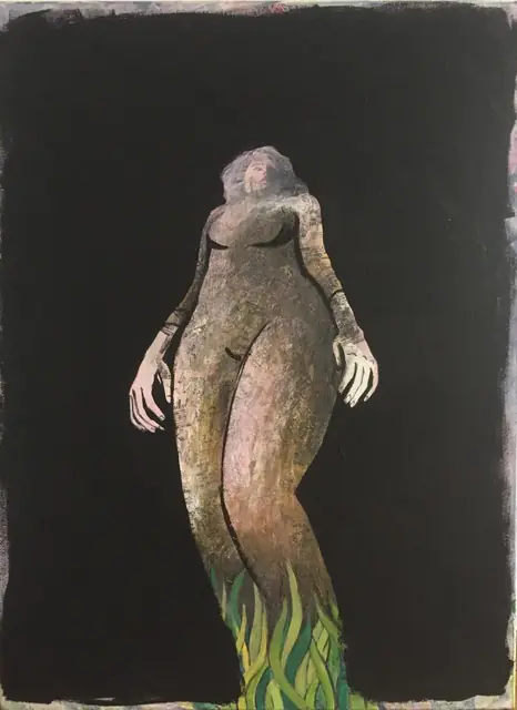 A woman’s figure in collage, rising from green leaves, on black