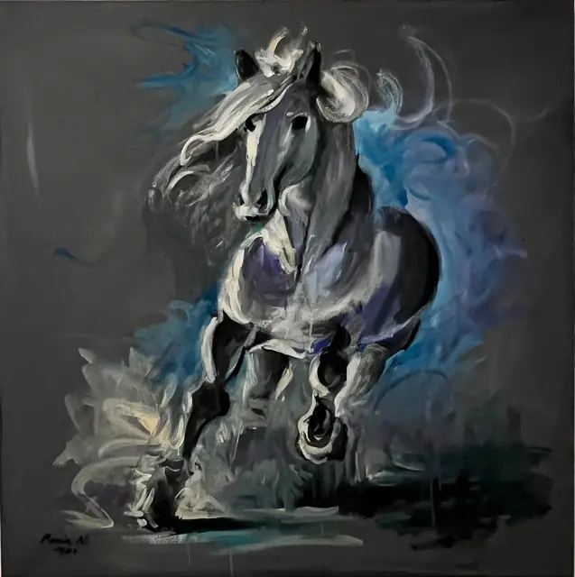 A grey horse charging through blue smoke, on charcoal