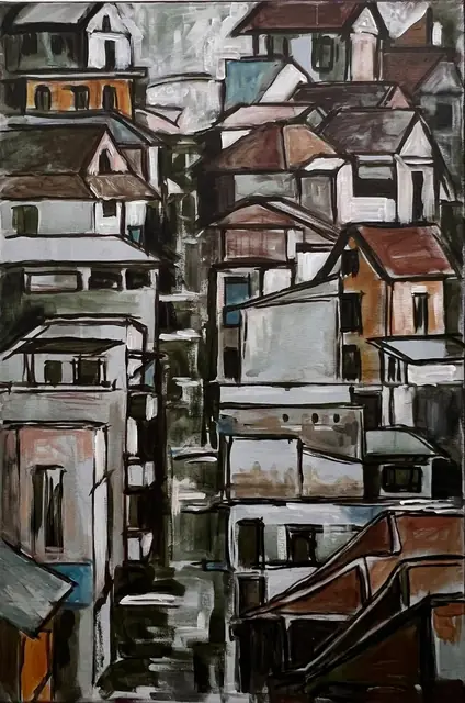 Houses stacked on a hillside, in black line