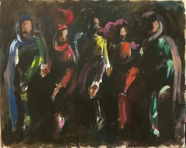 Five veiled figures in bright strokes, on black