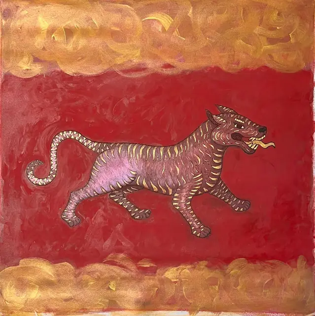 A rose-striped tiger on red, between bands of gold cloud