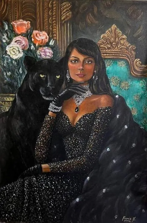 A woman in black sequins with a black panther
