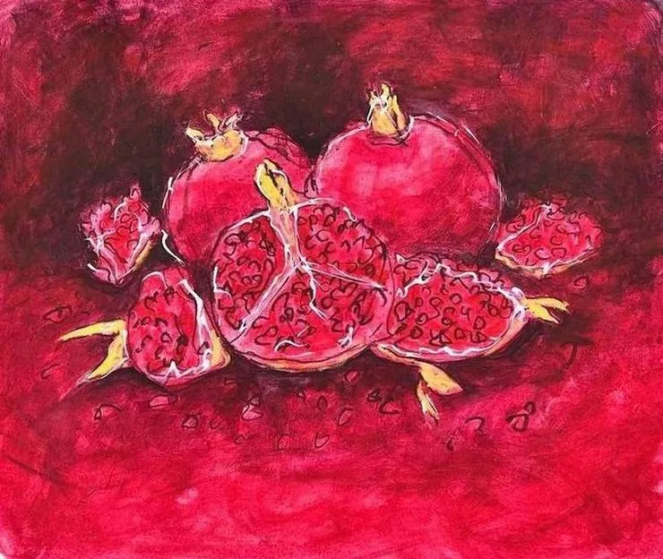 Pomegranates on deep red