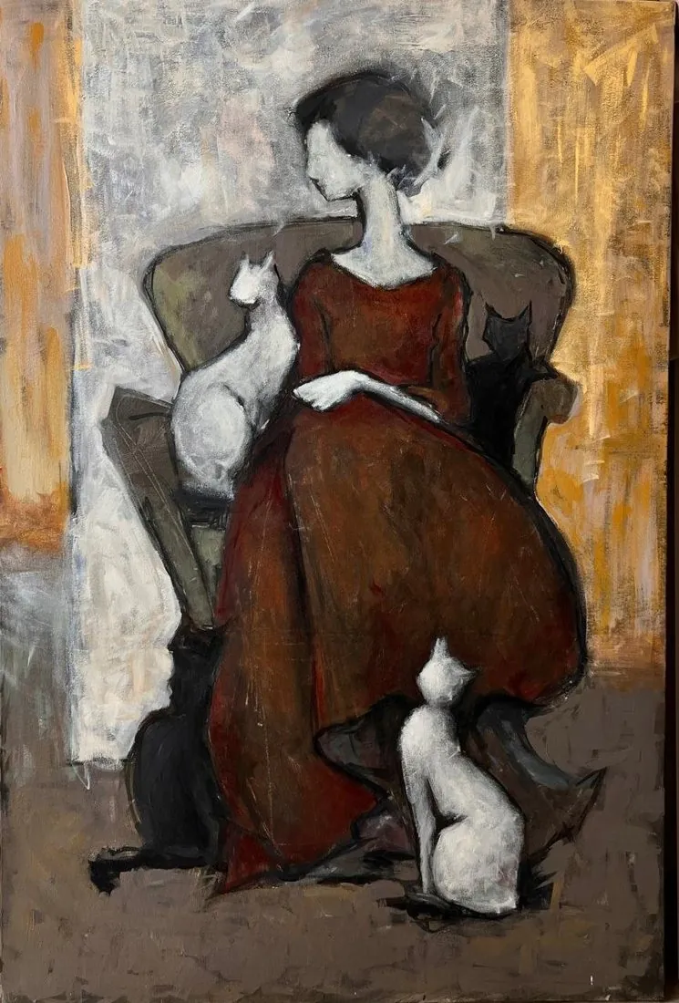 Between Black and White, a painting by Rania Naccour: a woman in red in an armchair with white and black cats