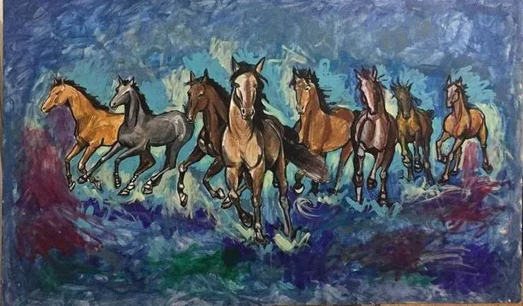 Eight horses running on blue