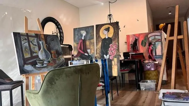 The studio, with new paintings on the easels